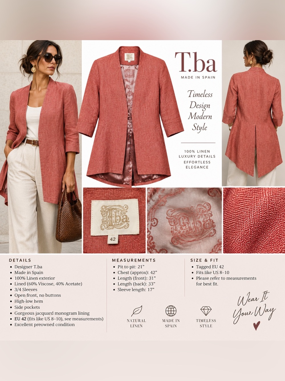 T.ba 100% Linen Long Blazer Jacket EU 42 Made in Spain Coral